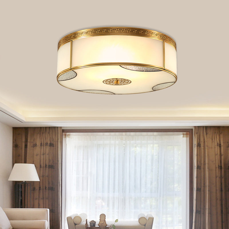 14"/18" Wide 3/4-Light Flush Mount Fixture Traditional Drum Frosted Glass Flush Ceiling Lighting in Brass Clearhalo 'Ceiling Lights' 'Close To Ceiling Lights' 'Close to ceiling' 'Flush mount' Lighting' 780744