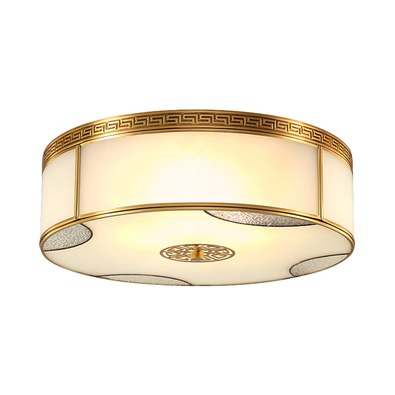 14"/18" Wide 3/4-Light Flush Mount Fixture Traditional Drum Frosted Glass Flush Ceiling Lighting in Brass Clearhalo 'Ceiling Lights' 'Close To Ceiling Lights' 'Close to ceiling' 'Flush mount' Lighting' 780745