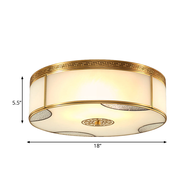 14"/18" Wide 3/4-Light Flush Mount Fixture Traditional Drum Frosted Glass Flush Ceiling Lighting in Brass Clearhalo 'Ceiling Lights' 'Close To Ceiling Lights' 'Close to ceiling' 'Flush mount' Lighting' 780747