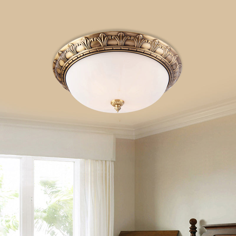 2/3/4 Heads Domed Ceiling Flush Colonial Style Brass Finish White Frosted Glass Flush Mount Light, 12"/16"/19.5" Wide Clearhalo 'Ceiling Lights' 'Close To Ceiling Lights' 'Close to ceiling' 'Flush mount' Lighting' 780749