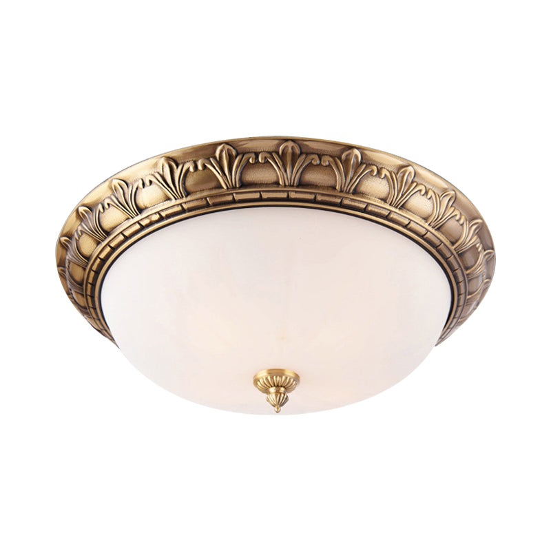 2/3/4 Heads Domed Ceiling Flush Colonial Style Brass Finish White Frosted Glass Flush Mount Light, 12"/16"/19.5" Wide Clearhalo 'Ceiling Lights' 'Close To Ceiling Lights' 'Close to ceiling' 'Flush mount' Lighting' 780750