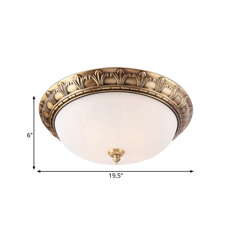 2/3/4 Heads Domed Ceiling Flush Colonial Style Brass Finish White Frosted Glass Flush Mount Light, 12"/16"/19.5" Wide Clearhalo 'Ceiling Lights' 'Close To Ceiling Lights' 'Close to ceiling' 'Flush mount' Lighting' 780751