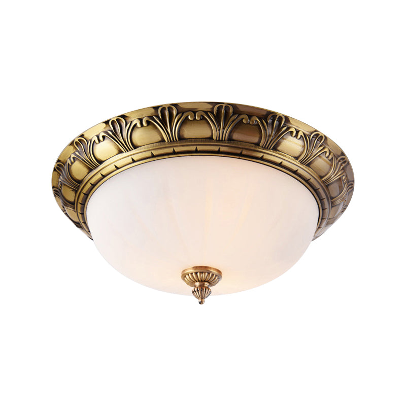 2/3/4 Heads Domed Ceiling Flush Colonial Style Brass Finish White Frosted Glass Flush Mount Light, 12"/16"/19.5" Wide Clearhalo 'Ceiling Lights' 'Close To Ceiling Lights' 'Close to ceiling' 'Flush mount' Lighting' 780755