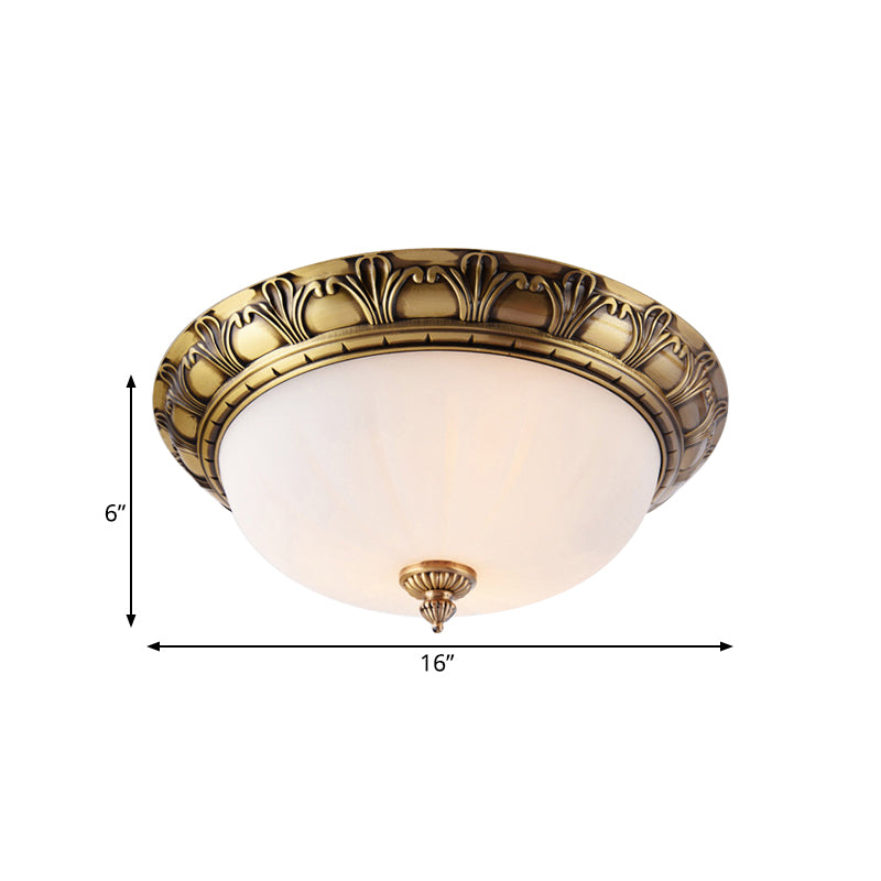 2/3/4 Heads Domed Ceiling Flush Colonial Style Brass Finish White Frosted Glass Flush Mount Light, 12"/16"/19.5" Wide Clearhalo 'Ceiling Lights' 'Close To Ceiling Lights' 'Close to ceiling' 'Flush mount' Lighting' 780756