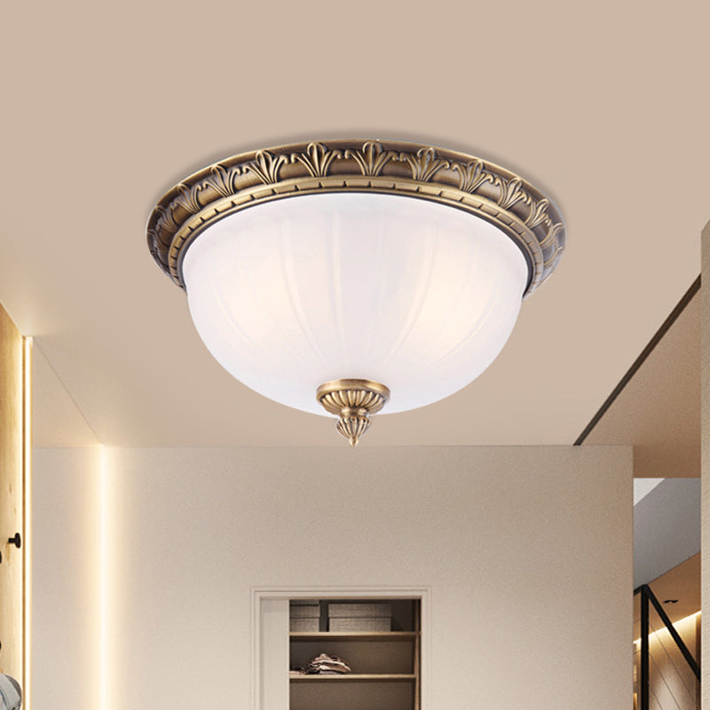 2/3/4 Heads Domed Ceiling Flush Colonial Style Brass Finish White Frosted Glass Flush Mount Light, 12"/16"/19.5" Wide Clearhalo 'Ceiling Lights' 'Close To Ceiling Lights' 'Close to ceiling' 'Flush mount' Lighting' 780758