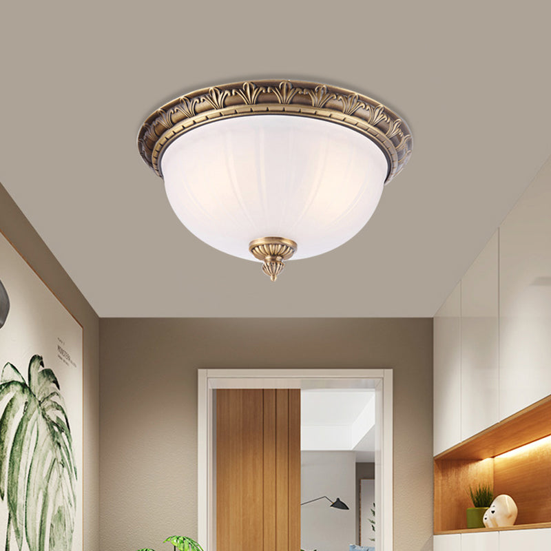 2/3/4 Heads Domed Ceiling Flush Colonial Style Brass Finish White Frosted Glass Flush Mount Light, 12"/16"/19.5" Wide Clearhalo 'Ceiling Lights' 'Close To Ceiling Lights' 'Close to ceiling' 'Flush mount' Lighting' 780759