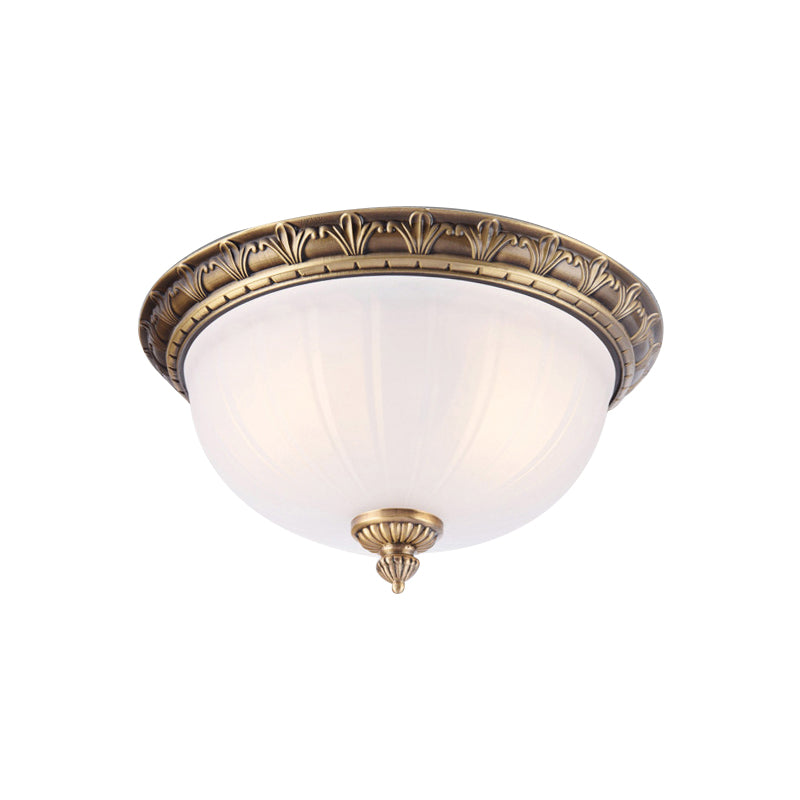 2/3/4 Heads Domed Ceiling Flush Colonial Style Brass Finish White Frosted Glass Flush Mount Light, 12"/16"/19.5" Wide Clearhalo 'Ceiling Lights' 'Close To Ceiling Lights' 'Close to ceiling' 'Flush mount' Lighting' 780760