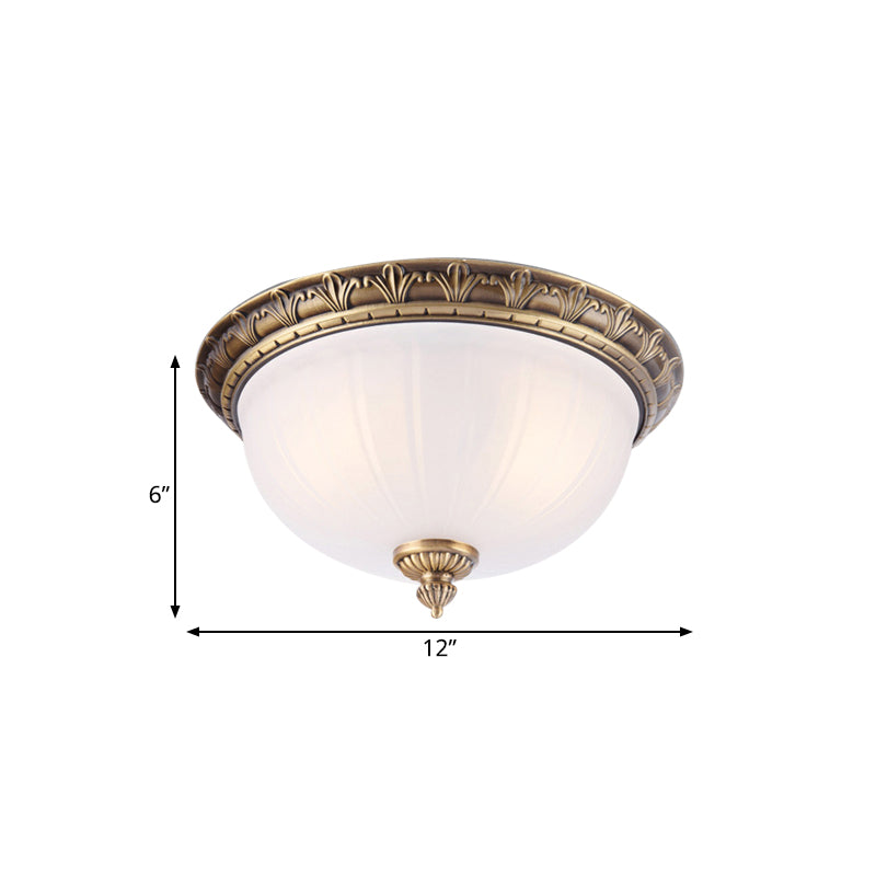 2/3/4 Heads Domed Ceiling Flush Colonial Style Brass Finish White Frosted Glass Flush Mount Light, 12"/16"/19.5" Wide Clearhalo 'Ceiling Lights' 'Close To Ceiling Lights' 'Close to ceiling' 'Flush mount' Lighting' 780761