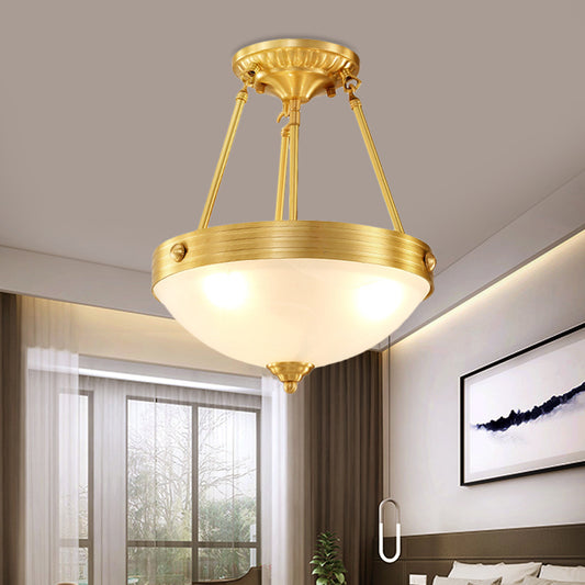 Frosted Glass Dome Semi Flush Mount Traditional 3 Lights Bedroom Close to Ceiling Light in Brass Brass Clearhalo 'Ceiling Lights' 'Close To Ceiling Lights' 'Close to ceiling' 'Semi-flushmount' Lighting' 780762