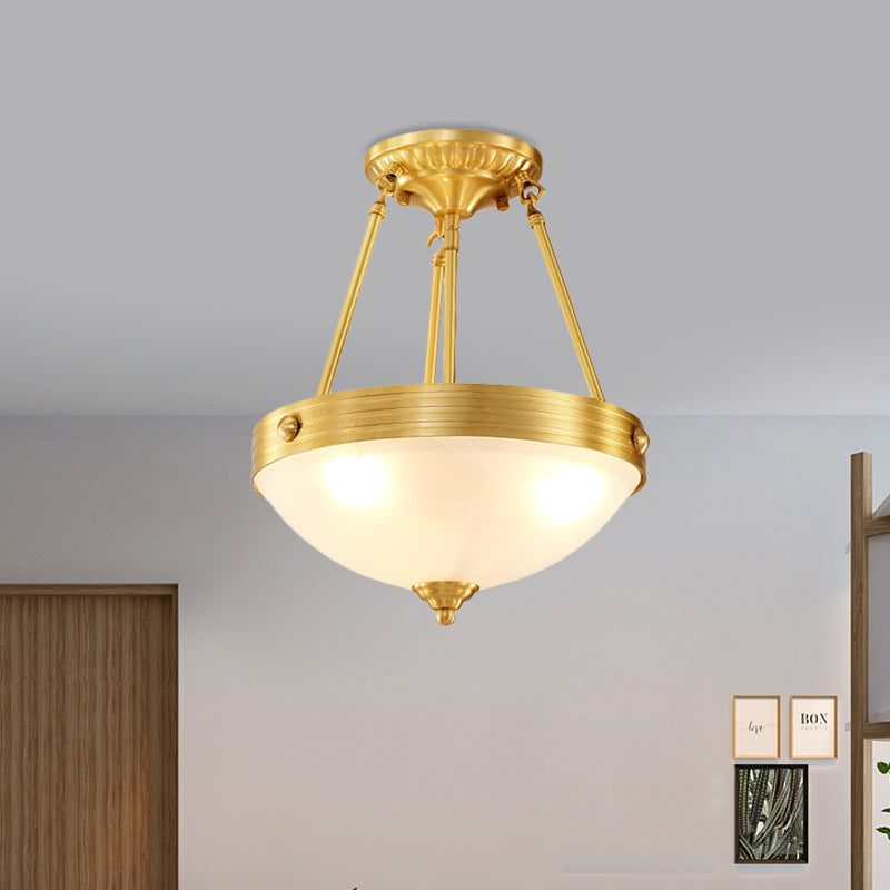 Frosted Glass Dome Semi Flush Mount Traditional 3 Lights Bedroom Close to Ceiling Light in Brass Clearhalo 'Ceiling Lights' 'Close To Ceiling Lights' 'Close to ceiling' 'Semi-flushmount' Lighting' 780763