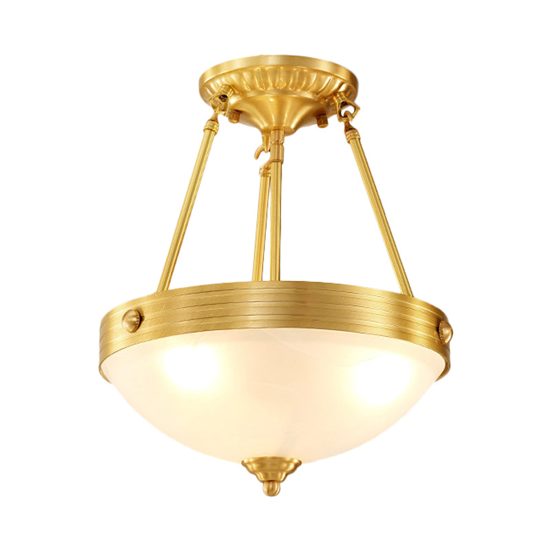 Frosted Glass Dome Semi Flush Mount Traditional 3 Lights Bedroom Close to Ceiling Light in Brass Clearhalo 'Ceiling Lights' 'Close To Ceiling Lights' 'Close to ceiling' 'Semi-flushmount' Lighting' 780764