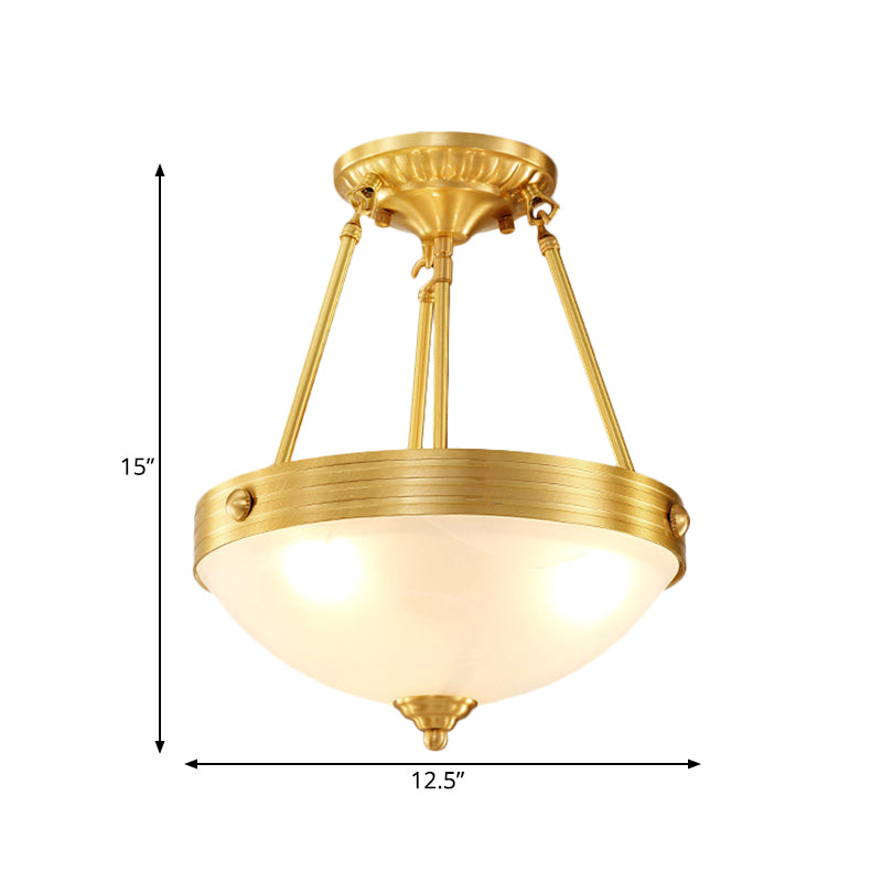 Frosted Glass Dome Semi Flush Mount Traditional 3 Lights Bedroom Close to Ceiling Light in Brass Clearhalo 'Ceiling Lights' 'Close To Ceiling Lights' 'Close to ceiling' 'Semi-flushmount' Lighting' 780765