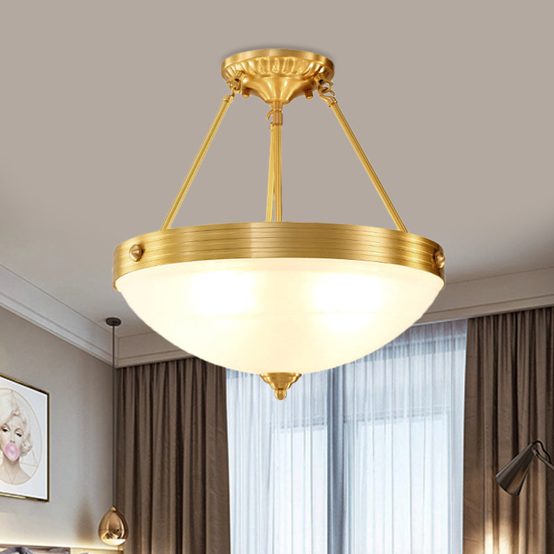 4 Heads Semi Flush Light Fixture Vintage Bedroom Flushmount Lamp with Dome Frosted Glass Shade in Brass Brass Clearhalo 'Ceiling Lights' 'Close To Ceiling Lights' 'Close to ceiling' 'Semi-flushmount' Lighting' 780766