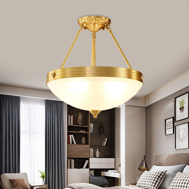 4 Heads Semi Flush Light Fixture Vintage Bedroom Flushmount Lamp with Dome Frosted Glass Shade in Brass Clearhalo 'Ceiling Lights' 'Close To Ceiling Lights' 'Close to ceiling' 'Semi-flushmount' Lighting' 780767