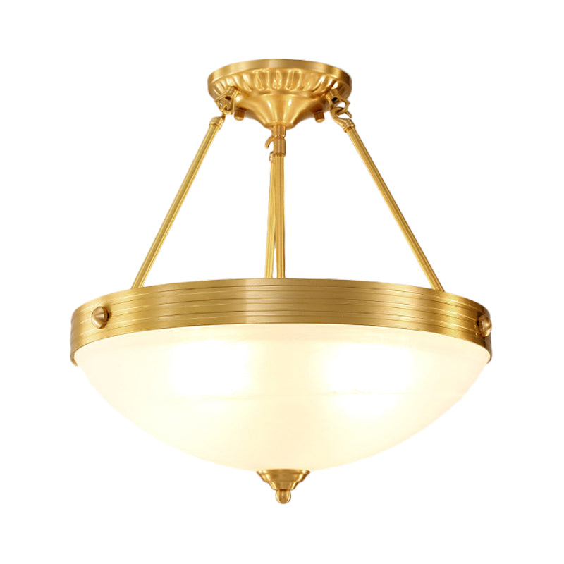 4 Heads Semi Flush Light Fixture Vintage Bedroom Flushmount Lamp with Dome Frosted Glass Shade in Brass Clearhalo 'Ceiling Lights' 'Close To Ceiling Lights' 'Close to ceiling' 'Semi-flushmount' Lighting' 780768