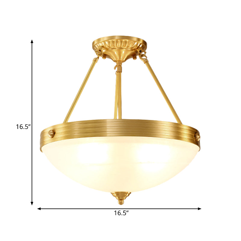 4 Heads Semi Flush Light Fixture Vintage Bedroom Flushmount Lamp with Dome Frosted Glass Shade in Brass Clearhalo 'Ceiling Lights' 'Close To Ceiling Lights' 'Close to ceiling' 'Semi-flushmount' Lighting' 780769