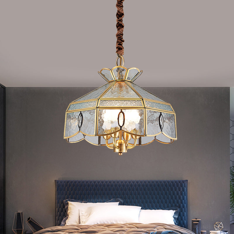 Colonial Style Geometric Pendant Chandelier 4 Lights Clear Water Glass Hanging Ceiling Lamp in Brass Clearhalo 'Ceiling Lights' 'Chandeliers' Lighting' options 780778