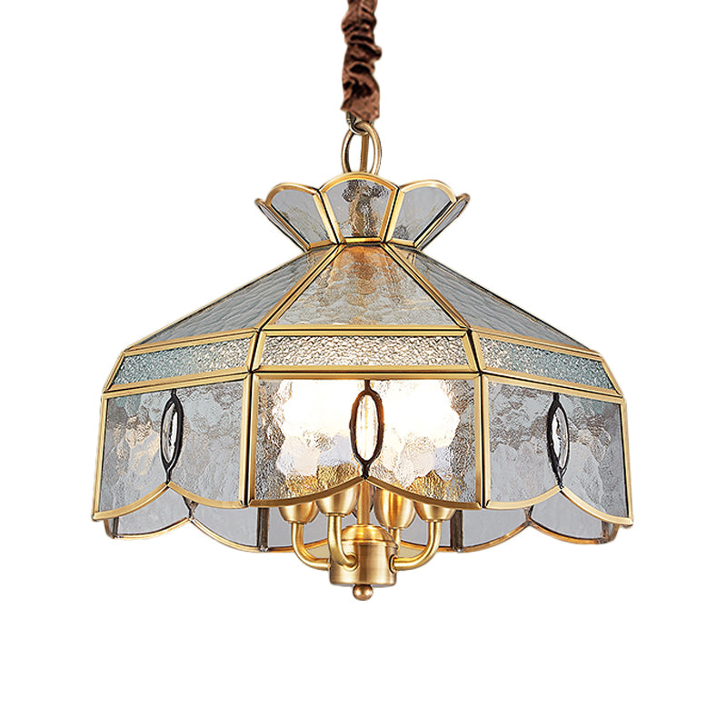 Colonial Style Geometric Pendant Chandelier 4 Lights Clear Water Glass Hanging Ceiling Lamp in Brass Clearhalo 'Ceiling Lights' 'Chandeliers' Lighting' options 780779