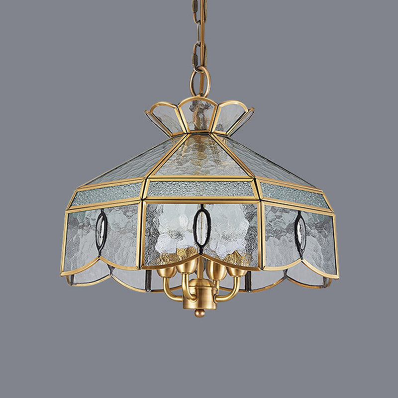 Colonial Style Geometric Pendant Chandelier 4 Lights Clear Water Glass Hanging Ceiling Lamp in Brass Clearhalo 'Ceiling Lights' 'Chandeliers' Lighting' options 780780