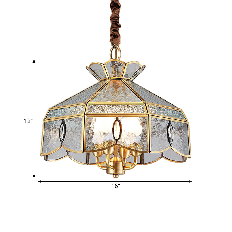 Colonial Style Geometric Pendant Chandelier 4 Lights Clear Water Glass Hanging Ceiling Lamp in Brass Clearhalo 'Ceiling Lights' 'Chandeliers' Lighting' options 780781