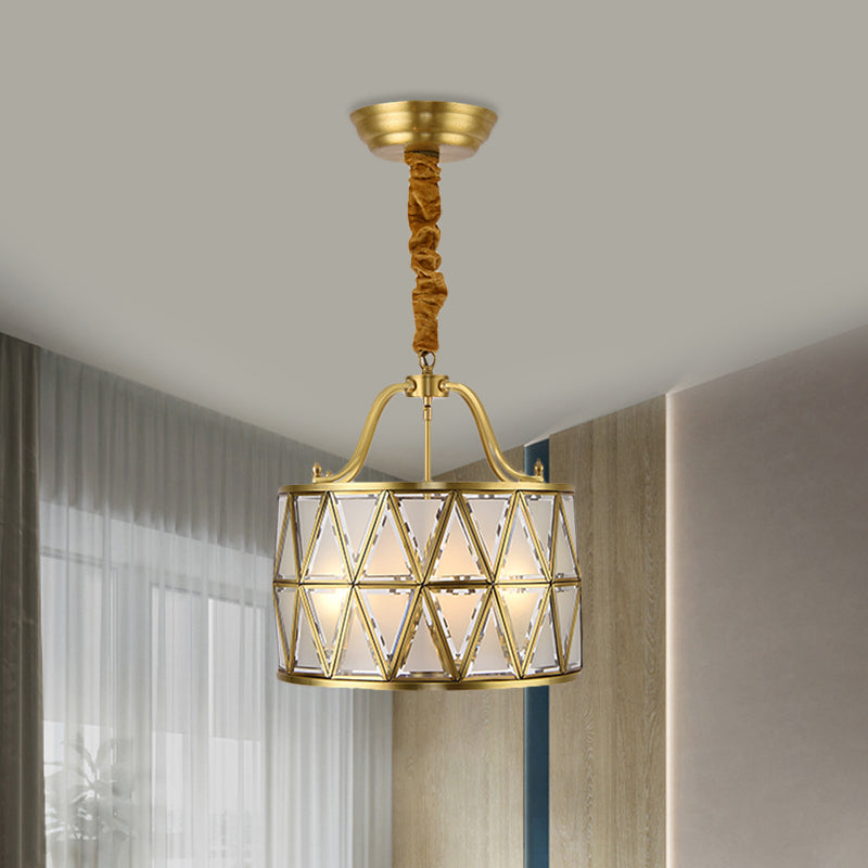 4-Bulb Drum Ceiling Chandelier Vintage Brass Finish Metallic Suspension Light for Dining Room Clearhalo 'Ceiling Lights' 'Chandeliers' Lighting' options 780782