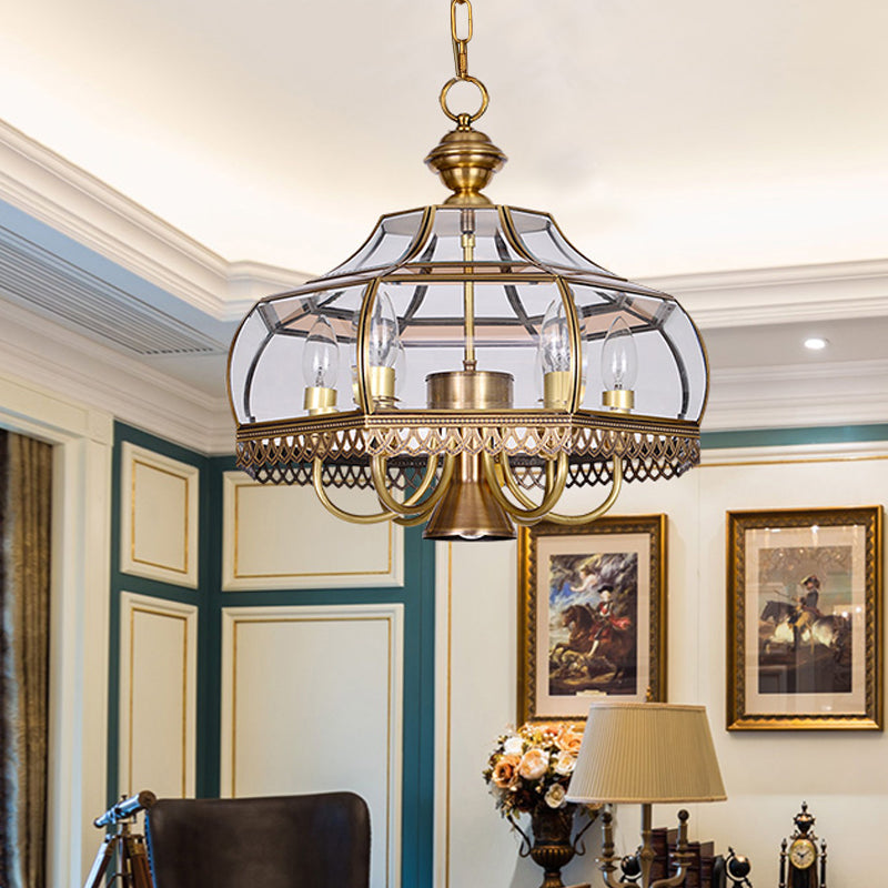 Clear Glass Gourd Chandelier Light Fixture Traditional 7 Bulbs Dining Room Ceiling Pendant Lamp in Brass Brass Clearhalo 'Ceiling Lights' 'Chandeliers' Lighting' options 780786_c35deba9-fecf-445c-8100-4c924c823fa6