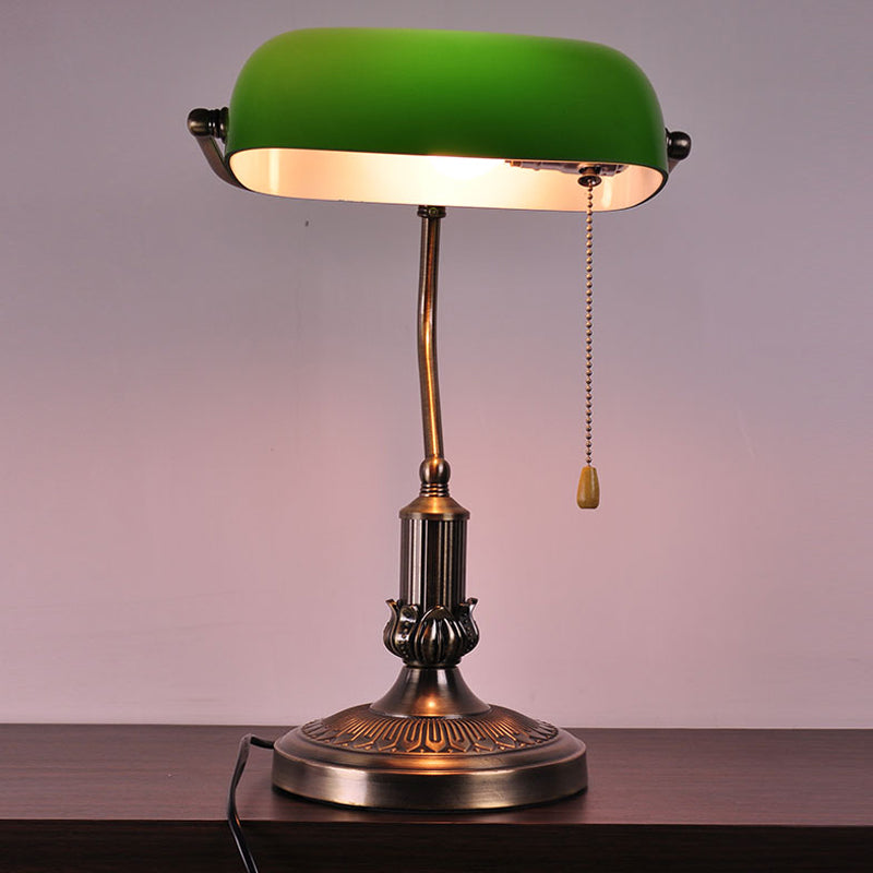 1 Head Green Glass Night Lamp Vintage Antiqued Brass Bending Bedside Table Light with Pull Chain Green Clearhalo 'Lamps' 'Table Lamps' Lighting' 780826