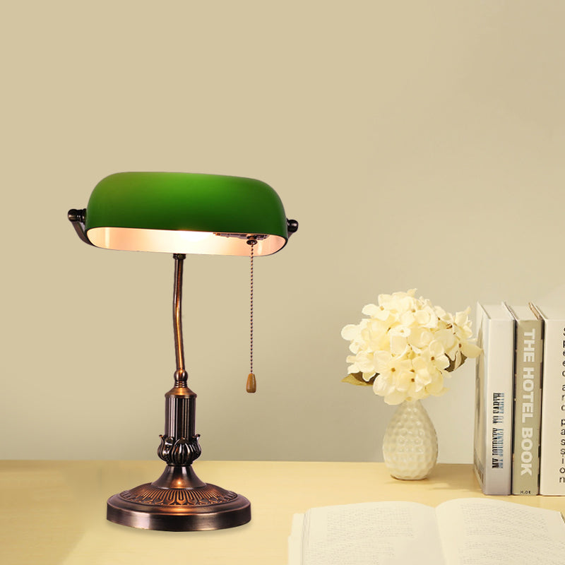 1 Head Green Glass Night Lamp Vintage Antiqued Brass Bending Bedside Table Light with Pull Chain Clearhalo 'Lamps' 'Table Lamps' Lighting' 780827