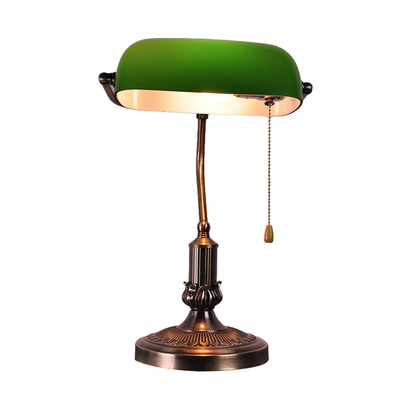 1 Head Green Glass Night Lamp Vintage Antiqued Brass Bending Bedside Table Light with Pull Chain Clearhalo 'Lamps' 'Table Lamps' Lighting' 780828