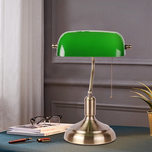 Single Swivelable Shaded Table Lighting Retro Green Glass Nightstand Lamp with Pull Chain in Polished Brass Green Clearhalo 'Lamps' 'Table Lamps' Lighting' 780830