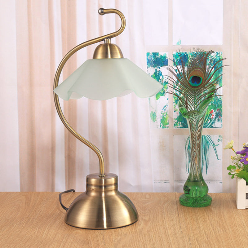 Brass Curvaceous Night Light Vintage Style Metal 1 Bulb Sitting Room Table Lamp with Ruffle Milk Glass Lampshade Brass Clearhalo 'Lamps' 'Table Lamps' Lighting' 780834