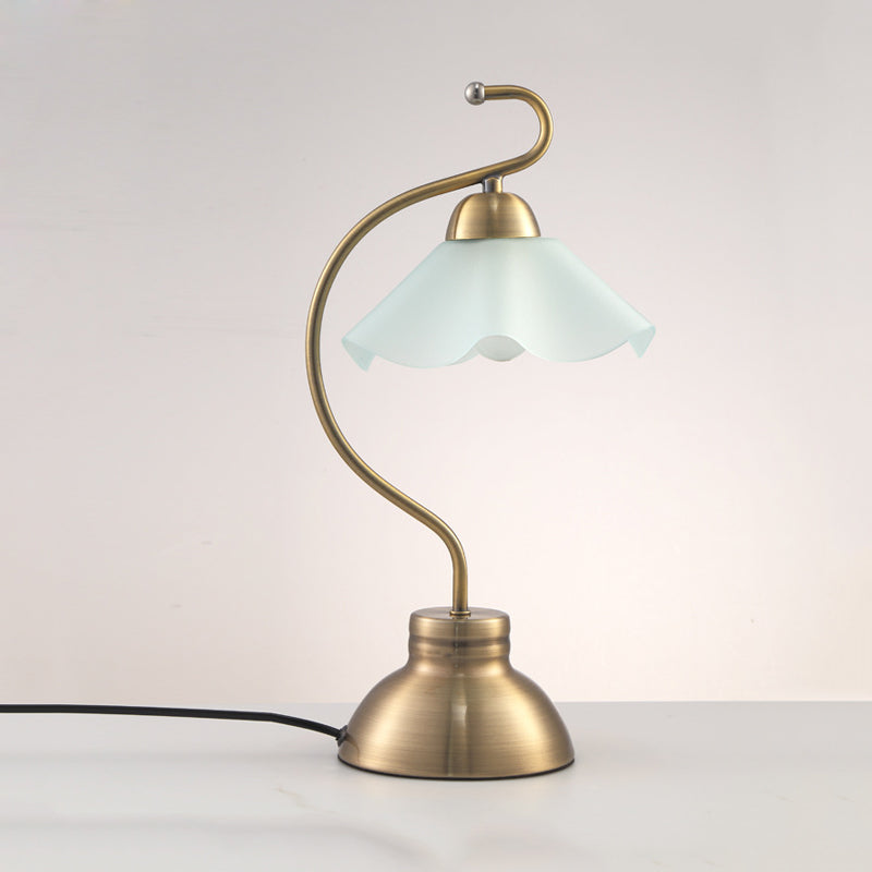 Brass Curvaceous Night Light Vintage Style Metal 1 Bulb Sitting Room Table Lamp with Ruffle Milk Glass Lampshade Clearhalo 'Lamps' 'Table Lamps' Lighting' 780836