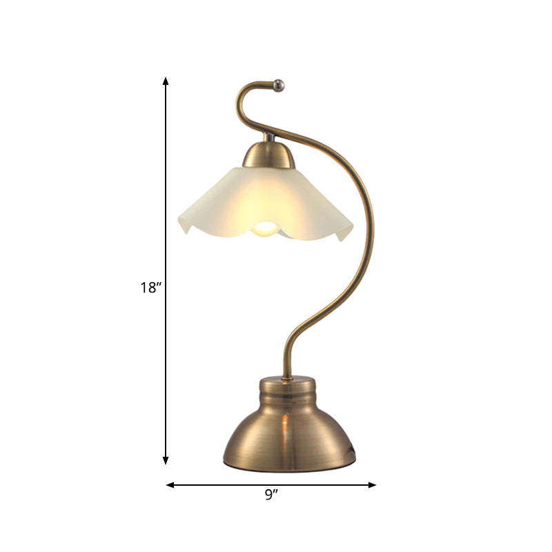 Brass Curvaceous Night Light Vintage Style Metal 1 Bulb Sitting Room Table Lamp with Ruffle Milk Glass Lampshade Clearhalo 'Lamps' 'Table Lamps' Lighting' 780837