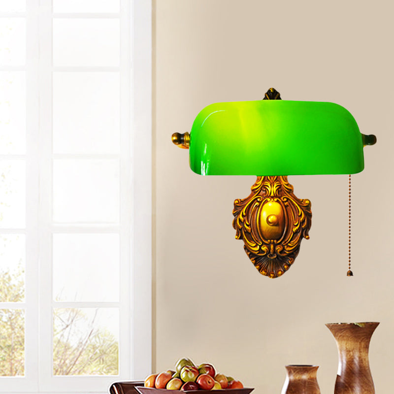 Semi-Cylinder Bedroom Wall Light Retro Green Glass Single Brass Wall Sconce with Pull Chain and Adjustable Joint Green Clearhalo 'Wall Lamps & Sconces' 'Wall Lights' Lighting' 780842