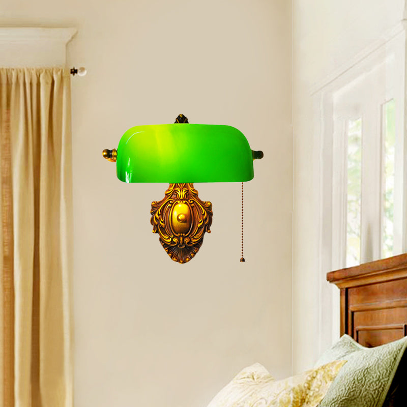 Semi-Cylinder Bedroom Wall Light Retro Green Glass Single Brass Wall Sconce with Pull Chain and Adjustable Joint Clearhalo 'Wall Lamps & Sconces' 'Wall Lights' Lighting' 780843