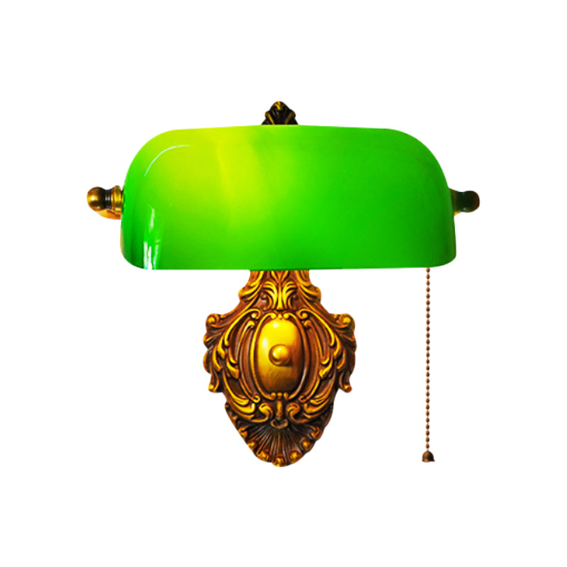 Semi-Cylinder Bedroom Wall Light Retro Green Glass Single Brass Wall Sconce with Pull Chain and Adjustable Joint Clearhalo 'Wall Lamps & Sconces' 'Wall Lights' Lighting' 780844