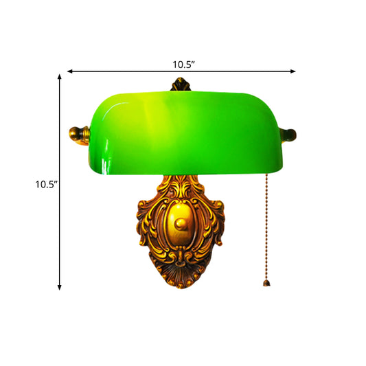 Semi-Cylinder Bedroom Wall Light Retro Green Glass Single Brass Wall Sconce with Pull Chain and Adjustable Joint Clearhalo 'Wall Lamps & Sconces' 'Wall Lights' Lighting' 780845