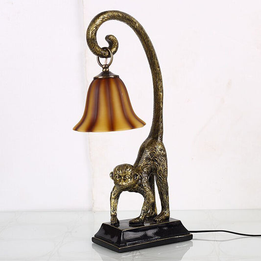 Brown Glass Carillon Nightstand Light Traditional Single-Bulb Parlor Table Lighting with Monkey Base in Bronze Bronze Clearhalo 'Lamps' 'Table Lamps' Lighting' 780850