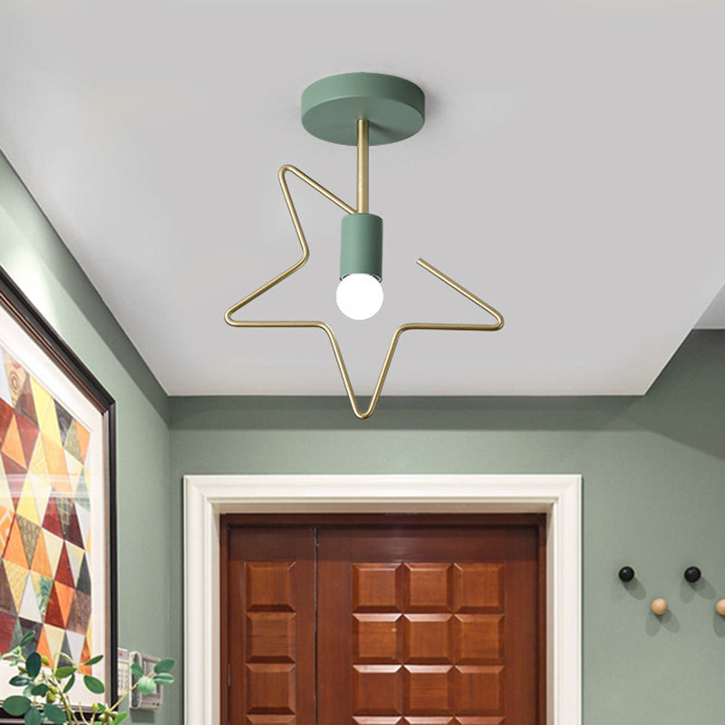 Star/Loving Heart Frame Semi Flush Macaron Iron 1-Light Grey/White/Green Finish Close to Ceiling Lighting for Hallway Green Star Clearhalo 'Ceiling Lights' 'Close To Ceiling Lights' 'Close to ceiling' 'Semi-flushmount' Lighting' 780870