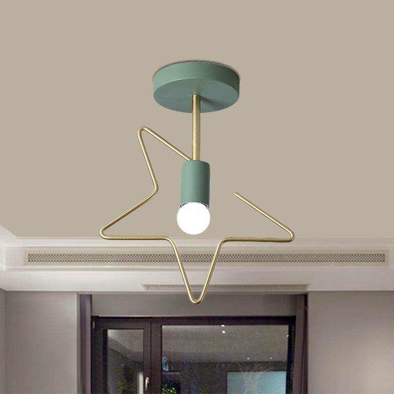 Star/Loving Heart Frame Semi Flush Macaron Iron 1-Light Grey/White/Green Finish Close to Ceiling Lighting for Hallway Clearhalo 'Ceiling Lights' 'Close To Ceiling Lights' 'Close to ceiling' 'Semi-flushmount' Lighting' 780871