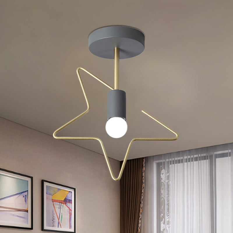 Star/Loving Heart Frame Semi Flush Macaron Iron 1-Light Grey/White/Green Finish Close to Ceiling Lighting for Hallway Grey Star Clearhalo 'Ceiling Lights' 'Close To Ceiling Lights' 'Close to ceiling' 'Semi-flushmount' Lighting' 780874