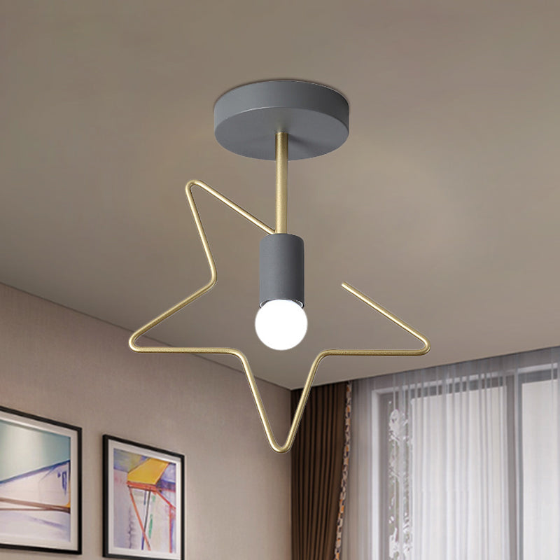 Star/Loving Heart Frame Semi Flush Macaron Iron 1-Light Grey/White/Green Finish Close to Ceiling Lighting for Hallway Clearhalo 'Ceiling Lights' 'Close To Ceiling Lights' 'Close to ceiling' 'Semi-flushmount' Lighting' 780876