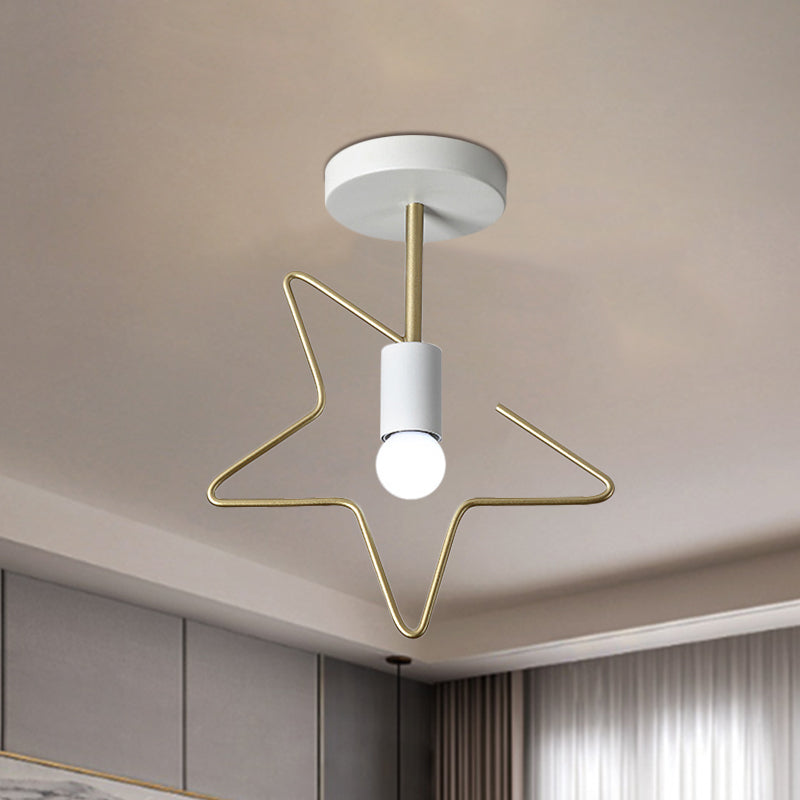 Star/Loving Heart Frame Semi Flush Macaron Iron 1-Light Grey/White/Green Finish Close to Ceiling Lighting for Hallway White Star Clearhalo 'Ceiling Lights' 'Close To Ceiling Lights' 'Close to ceiling' 'Semi-flushmount' Lighting' 780878