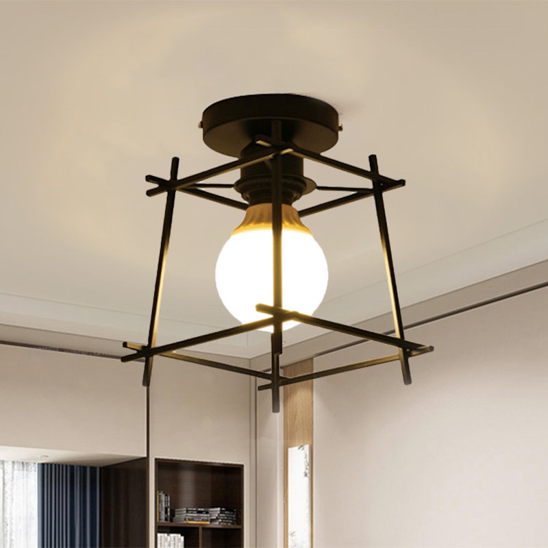 Black Finish Frame Flush Lighting Modern 1 Bulb Iron Flush Mount Ceiling Lamp with Circle Metal/Wood Canopy Black Metal Clearhalo 'Ceiling Lights' 'Close To Ceiling Lights' 'Close to ceiling' 'Flush mount' Lighting' 780895