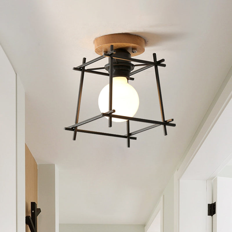 Black Finish Frame Flush Lighting Modern 1 Bulb Iron Flush Mount Ceiling Lamp with Circle Metal/Wood Canopy Black Wood Clearhalo 'Ceiling Lights' 'Close To Ceiling Lights' 'Close to ceiling' 'Flush mount' Lighting' 780899