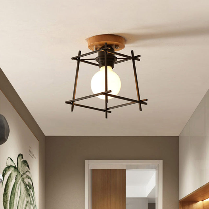 Black Finish Frame Flush Lighting Modern 1 Bulb Iron Flush Mount Ceiling Lamp with Circle Metal/Wood Canopy Clearhalo 'Ceiling Lights' 'Close To Ceiling Lights' 'Close to ceiling' 'Flush mount' Lighting' 780900