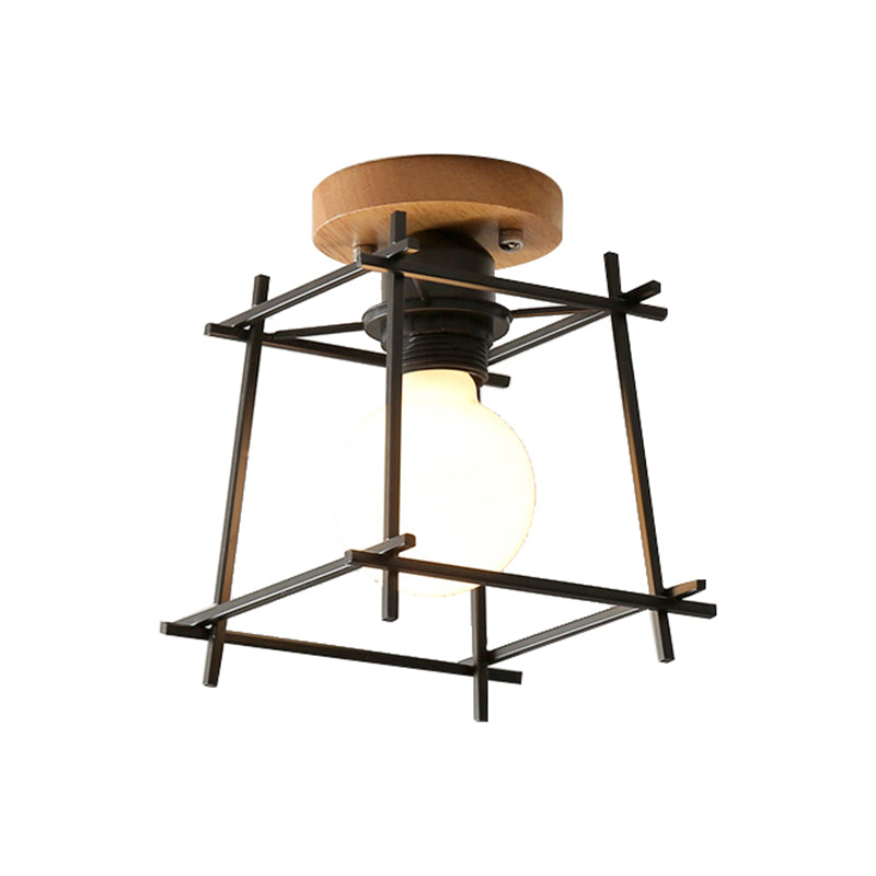 Black Finish Frame Flush Lighting Modern 1 Bulb Iron Flush Mount Ceiling Lamp with Circle Metal/Wood Canopy Clearhalo 'Ceiling Lights' 'Close To Ceiling Lights' 'Close to ceiling' 'Flush mount' Lighting' 780901