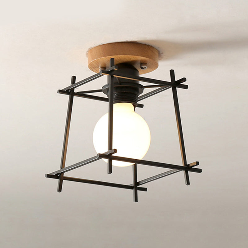 Black Finish Frame Flush Lighting Modern 1 Bulb Iron Flush Mount Ceiling Lamp with Circle Metal/Wood Canopy Clearhalo 'Ceiling Lights' 'Close To Ceiling Lights' 'Close to ceiling' 'Flush mount' Lighting' 780902