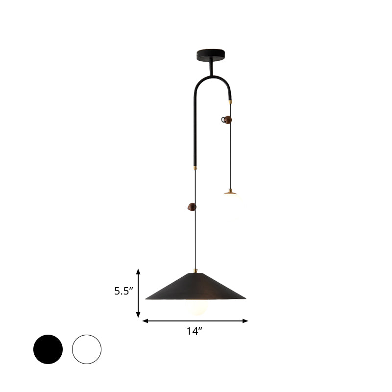 Orb Opal Glass Multi Light Pendant Modernism 2 Bulbs White/Black Pendulum Lamp with 1-Cone Iron Shade, 10"/14" Wide Clearhalo 'Ceiling Lights' 'Modern Pendants' 'Modern' 'Pendant Lights' 'Pendants' Lighting' 780985