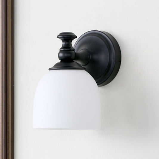 1 Head White Glass Wall Sconce Light Classic Style Black Domed Shade Living Room Wall Lighting Clearhalo 'Wall Lamps & Sconces' 'Wall Lights' Lighting' 781017